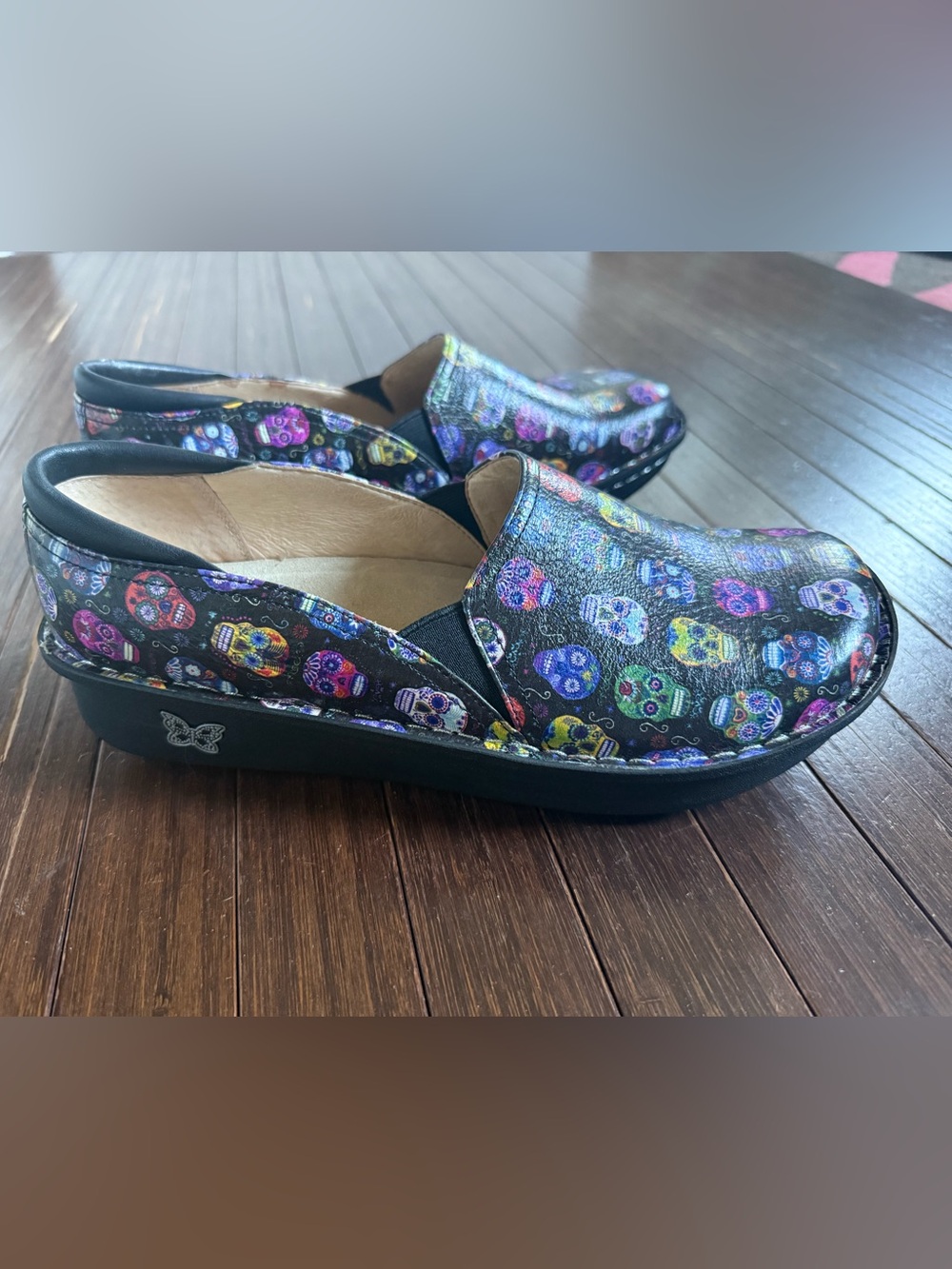Alegria Black Sugar Skull Slip-On Clogs size 11.5/43